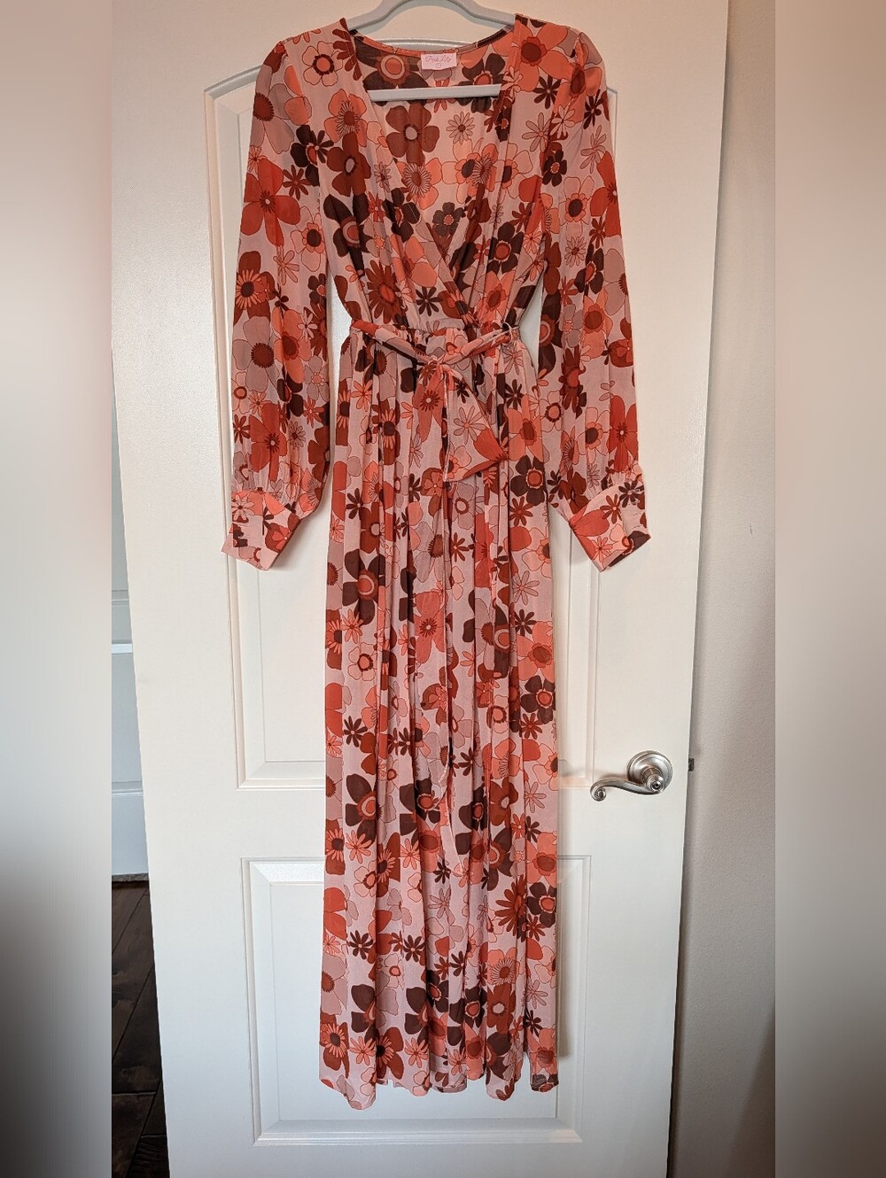 Retro Floral Boho Maxi Dress Long Sleeve Wrap Tie Waist - NWOT - Large - Picture 5 of 16